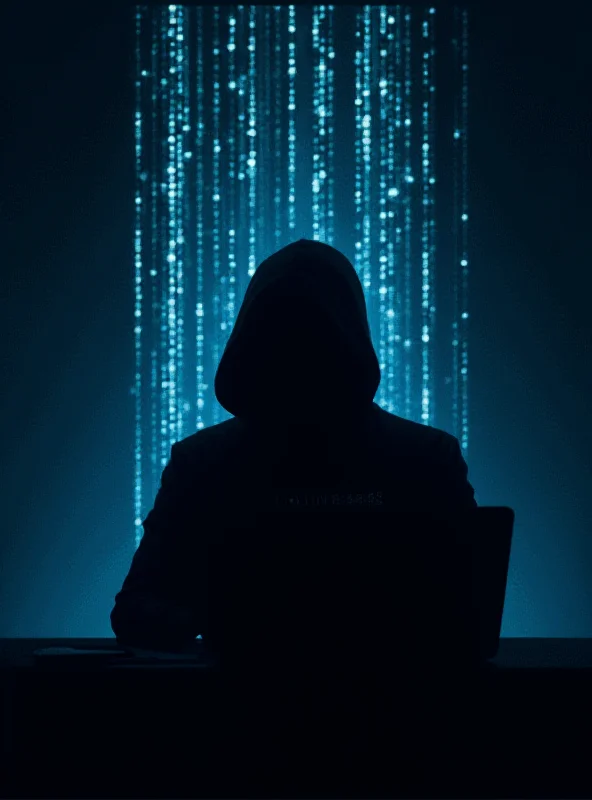 A stylized image of a computer screen with code and a shadowy figure representing a hacker.