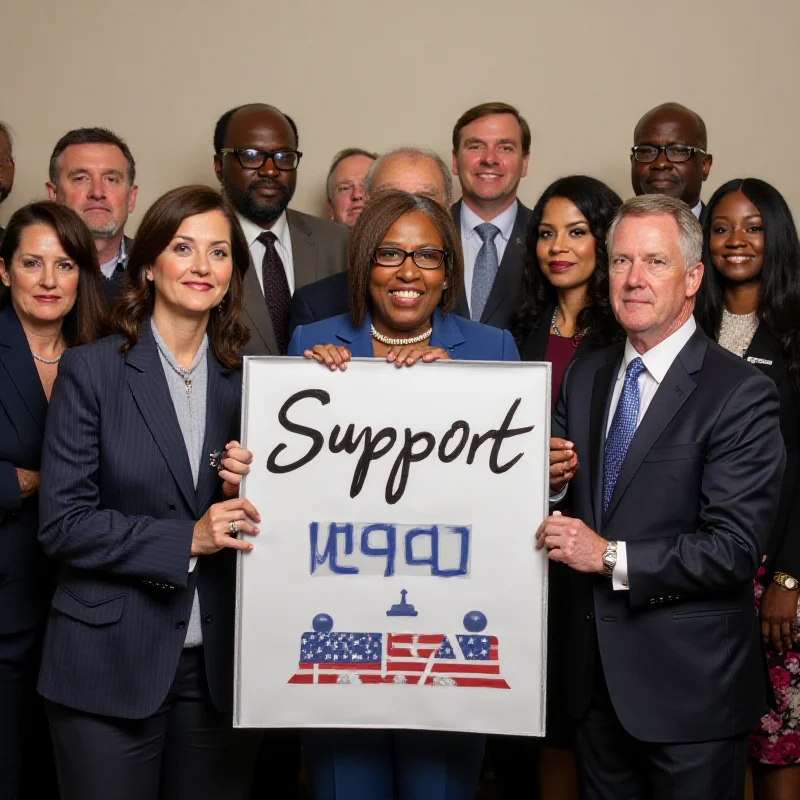 A group of diverse diplomats standing together in a formal setting, holding a sign that reads 'Support USAID'.