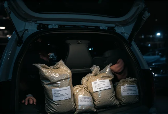 Police officer inspecting bags of cocaine in a car trunk