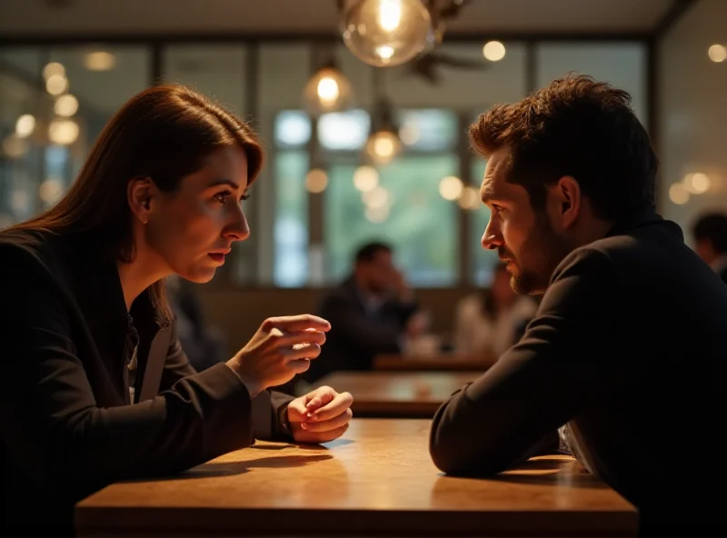 Illustration of two people at a table, engaged in a respectful but difficult conversation.