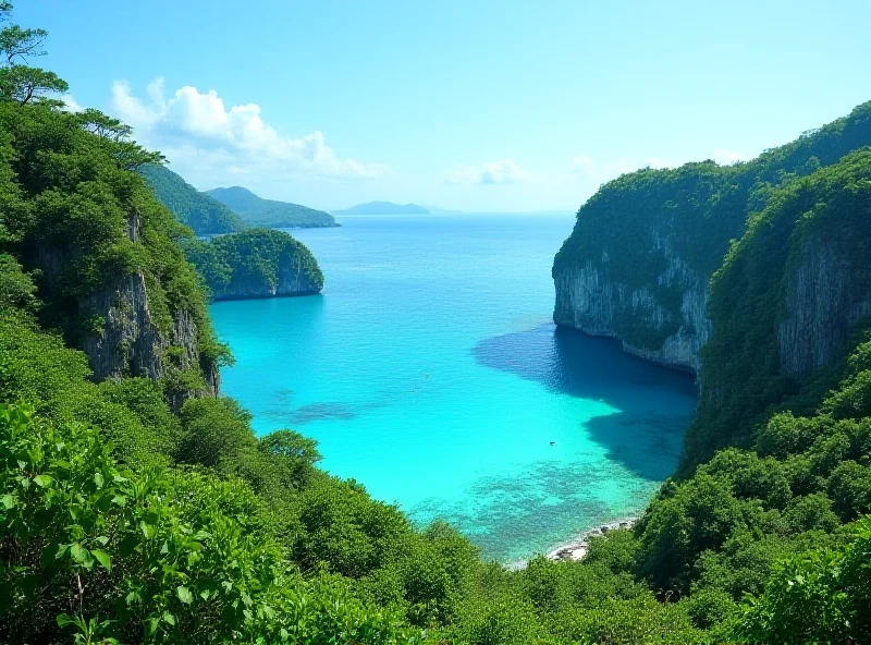 Lush green landscape of Palawan, Philippines, with mountains in the background and clear blue water in the foreground.