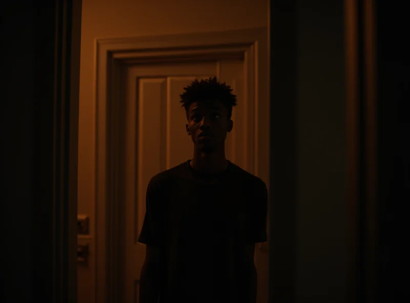 A young Black man standing in front of a closed door, looking surprised and slightly apprehensive. The scene is lit with warm, inviting light from inside the house, contrasting with the darker, more ambiguous lighting outside.