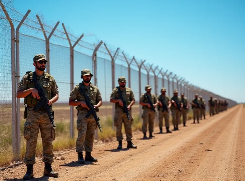 A line of heavily armed soldiers standing guard along a border fence. The soldiers are wearing camouflage uniforms and carrying rifles. The fence is made of metal and stretches into the distance. The sky is clear and blue, and the landscape is arid and dusty.