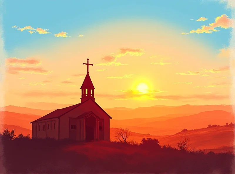 Illustration of a church with a cross silhouetted against a sunrise