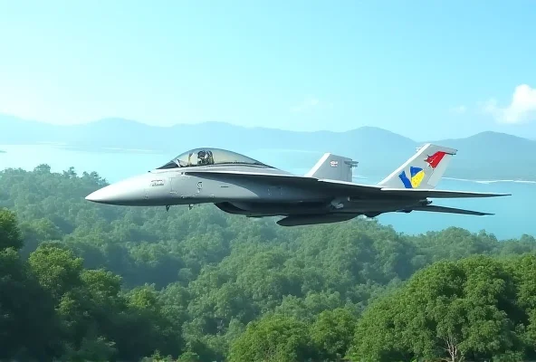 A Philippine Air Force fighter jet flying over a tropical landscape