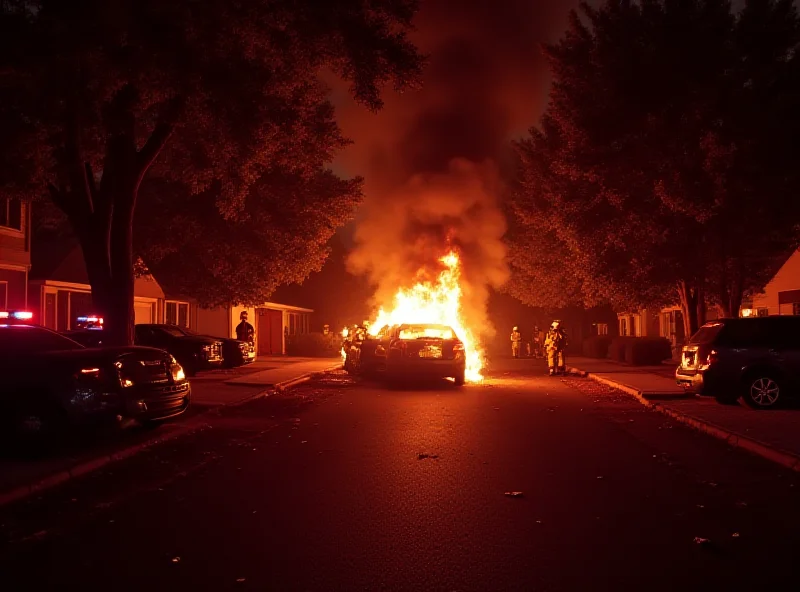 Scene of a car burning in a suburban French neighborhood at night