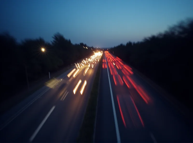 A highway at dusk with cars driving with their headlights on, slightly blurred to indicate motion and speed.