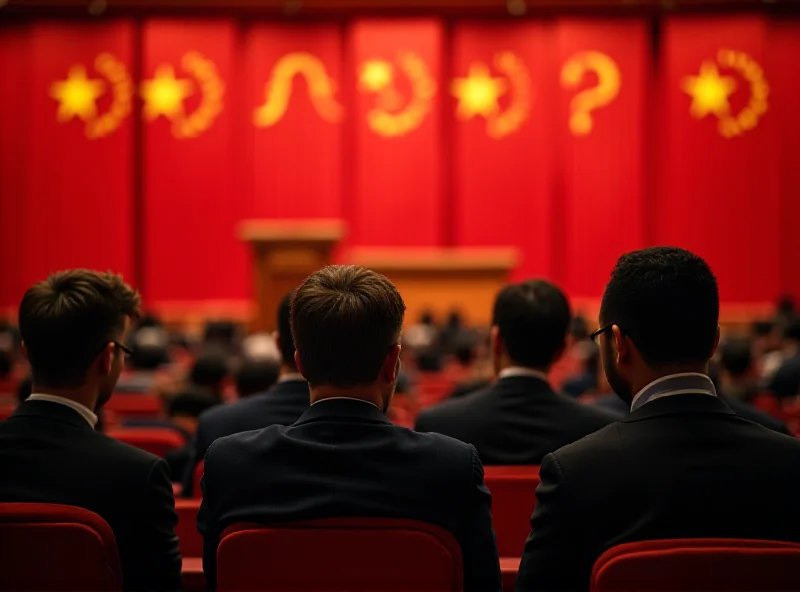 A bustling scene of delegates attending the National People's Congress in Beijing, China.