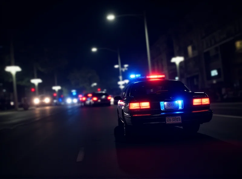 A police car with flashing lights parked on a street at night.