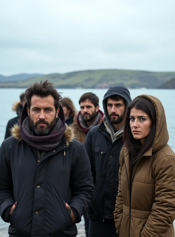 A group of Syrian refugees standing on the shore of the Isle of Bute, looking out to sea.