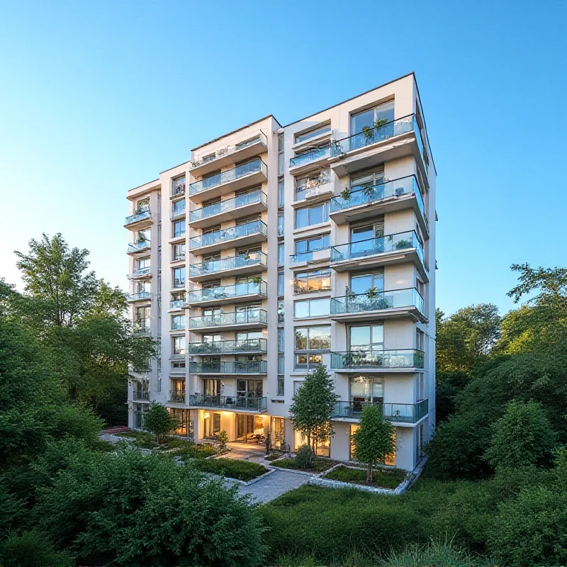 A modern apartment building with many windows, representing the concept of commonhold flats.