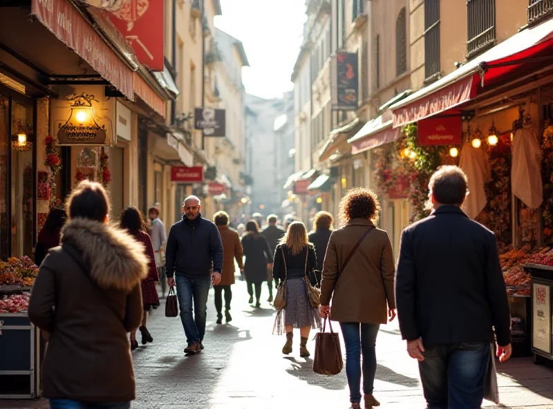 A bustling shopping area in Lyon, France, on a weekday, with shoppers browsing and interacting with vendors.