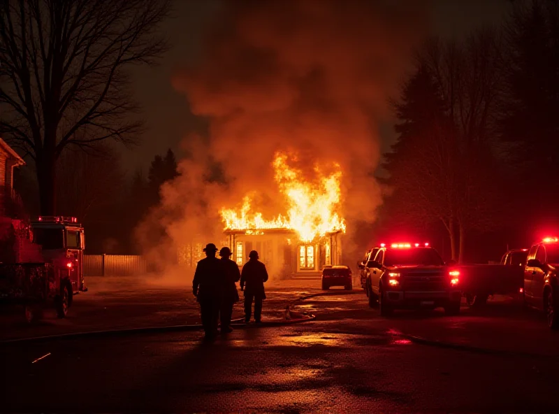 A somber image depicting the aftermath of a house fire at night, with emergency services present.