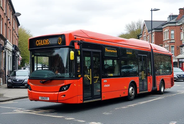 A photograph of a Glider bus traveling along a busy street in Glengormley, Northern Ireland.