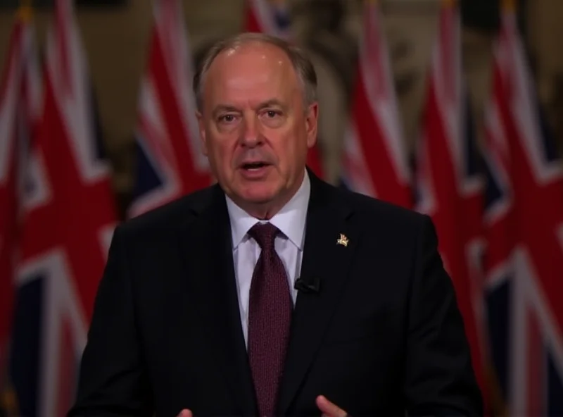 A serious looking government official making an announcement at a podium, surrounded by flags of the United Kingdom.