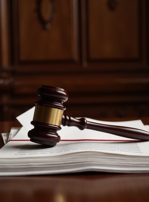 A gavel resting on a stack of legal documents in a courtroom setting.