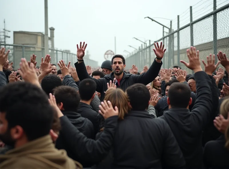 A group of Palestinian prisoners being released, waving to crowds.