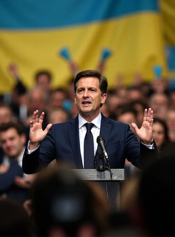 Volodymyr Zelensky giving a speech, surrounded by microphones.