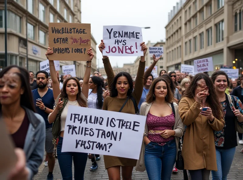 A diverse group of people marching in a protest against gender violence, holding signs and banners.