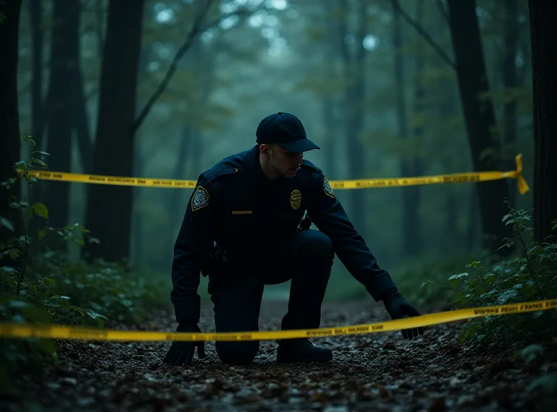 A police officer investigating a crime scene in a wooded area, with yellow tape visible in the background, creating a somber and investigative atmosphere.