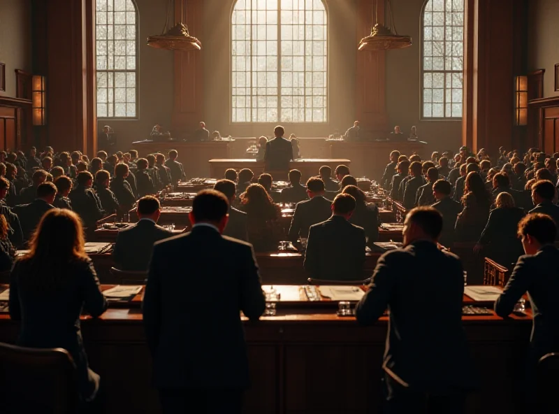 A busy courtroom scene with lawyers, judges, and members of the public, conveying a sense of legal activity and the pursuit of justice.