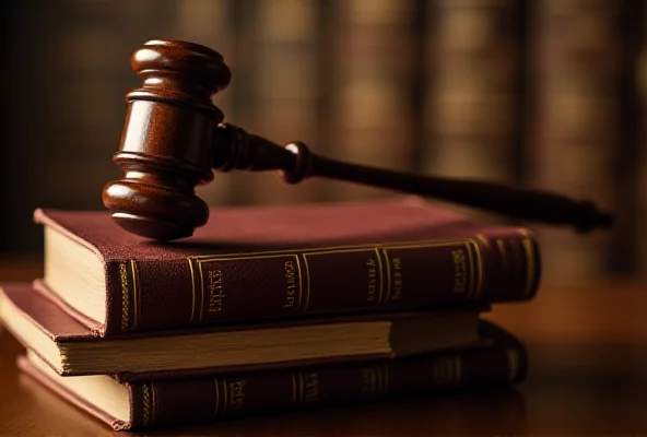 A gavel resting on a stack of legal books in a courtroom setting, symbolizing the judicial process and the pursuit of legal decisions.