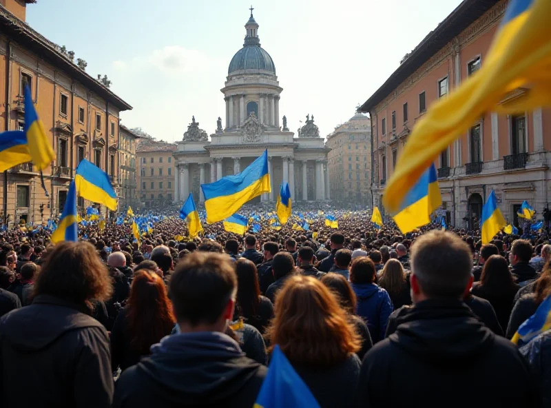 A crowd of people in Piazza Santi Apostoli waving Ukrainian and European flags.