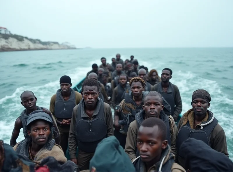 A small boat approaches the British coast, crowded with migrants.