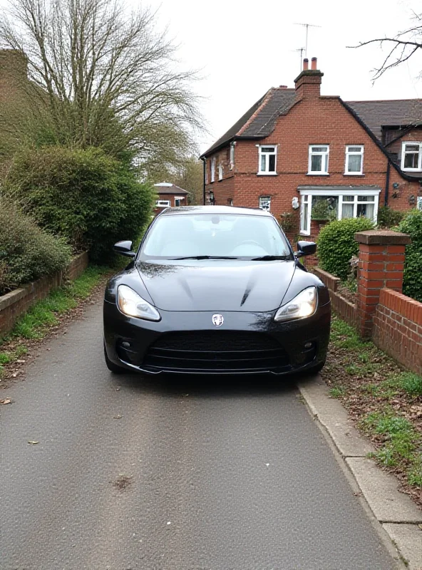 A car parked awkwardly on a driveway with a raised pavement in front.