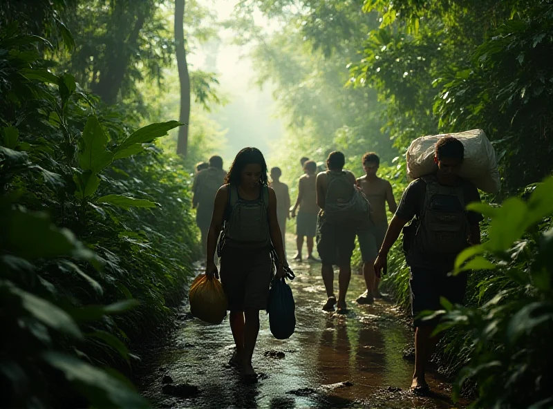 A group of migrants walking through a dense jungle, looking tired and apprehensive.