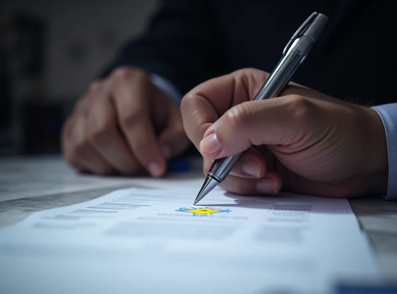 A close-up image of a hand holding a pen, poised to sign a document, with the Wyoming state flag subtly visible in the background.