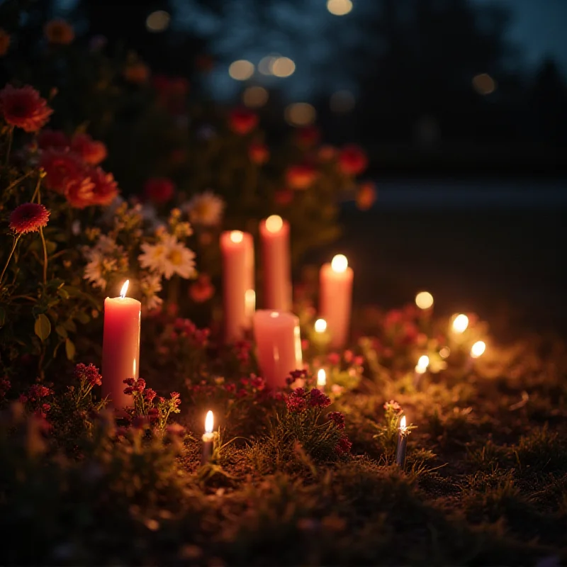 A somber image of a memorial with candles and flowers, symbolizing remembrance and mourning for Sam Nordquist.