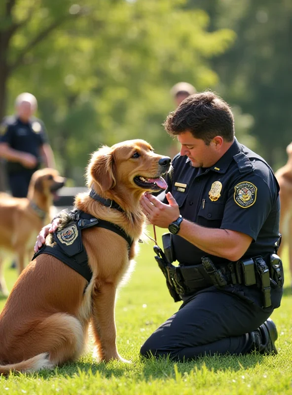 Police officer gently petting a dog during training.