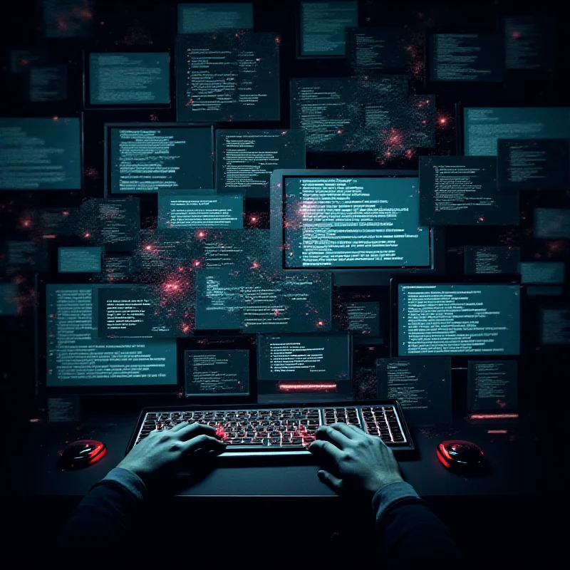 A stylized image representing digital information warfare with keyboards and screens.