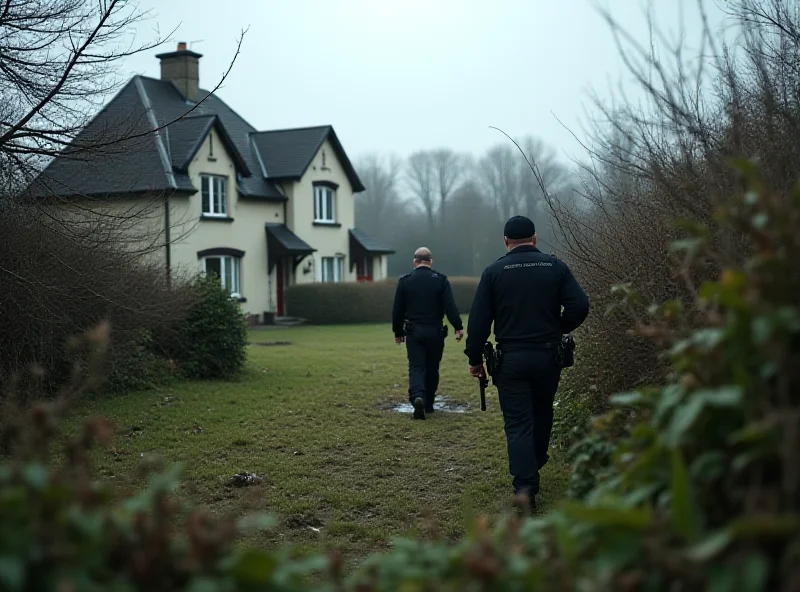 A somber scene of police searching a property in a rural area.