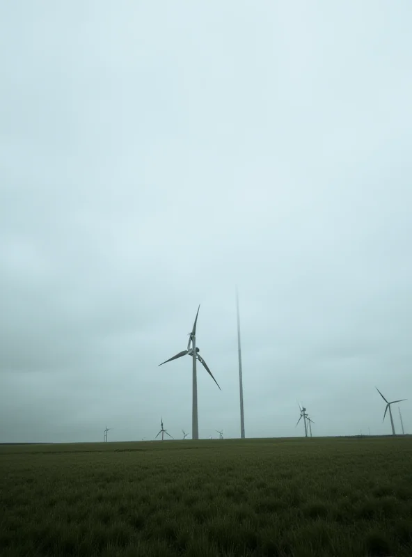 Wind turbines in a field under a cloudy sky, representing renewable energy.