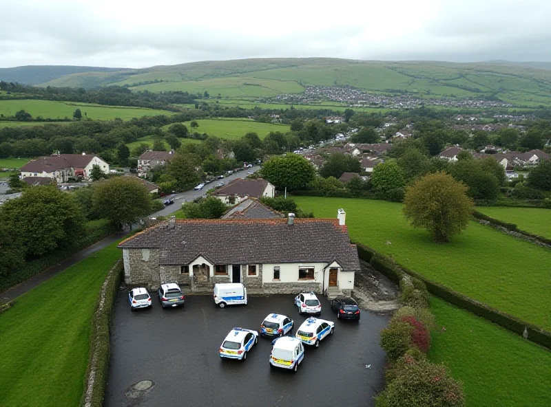 Aerial view of a search scene in a rural Irish town, with emergency services present.