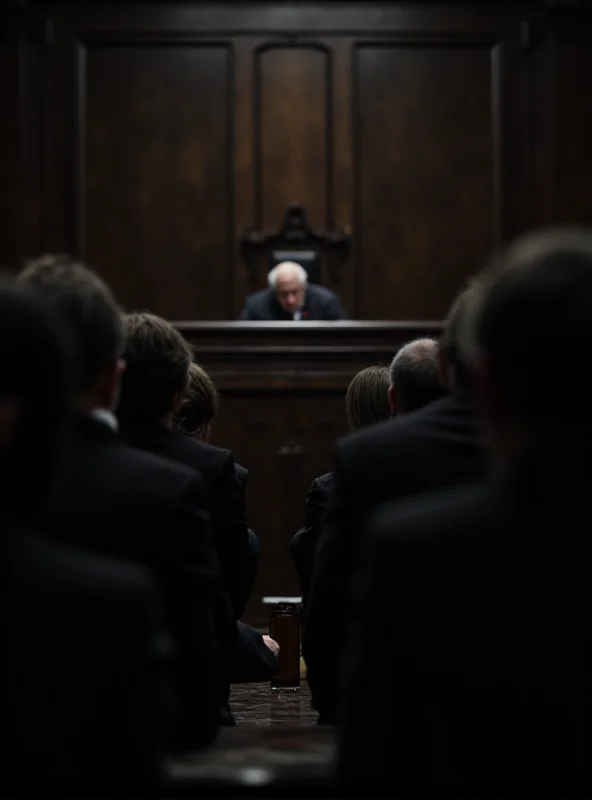 A somber courtroom scene with a judge and jury present during a rape trial, with a focus on the defendant's box.