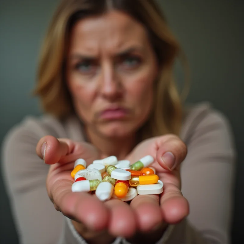 A person looking worried, clutching a handful of prescription medication, with a stressed expression.