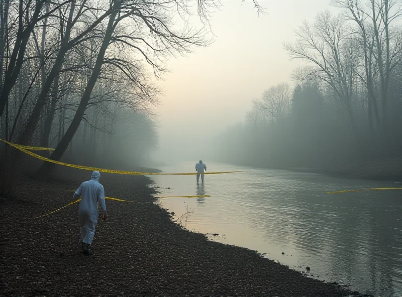 Scene of a riverbank at dawn with forensic investigators