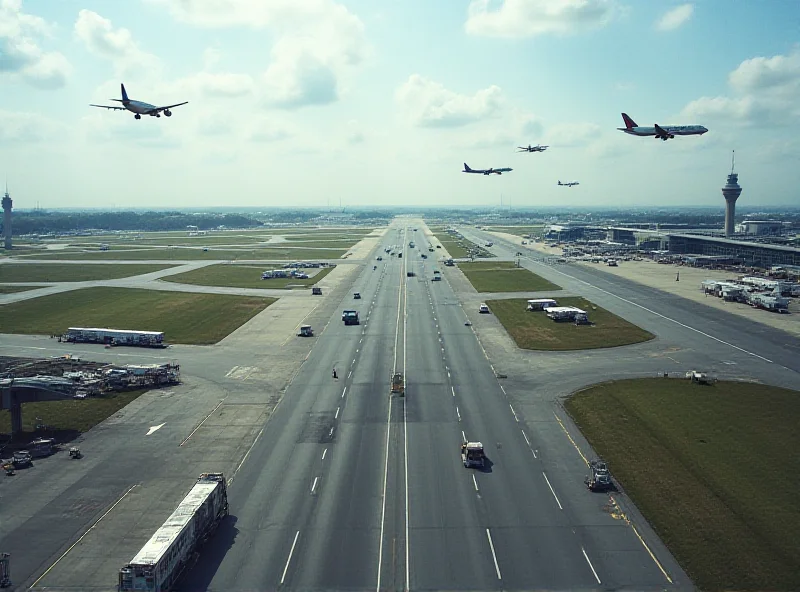 Aerial view of Gatwick Airport with planes taking off and landing