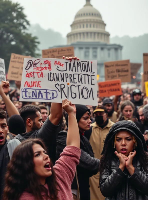 A protest scene with people holding signs with slogans related to freedom of speech and media transparency.