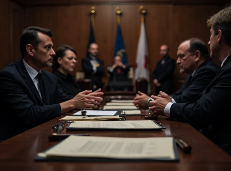 A courtroom scene with lawyers and judges, emphasizing justice and legal proceedings.