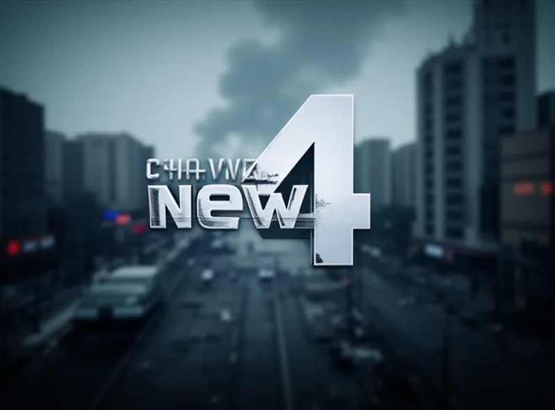 A television screen displaying Channel 4 News logo with a blurred image of a conflict zone in the background.