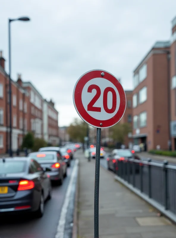 A street sign indicating a 20mph speed limit in Cardiff, with cars driving by in the background.