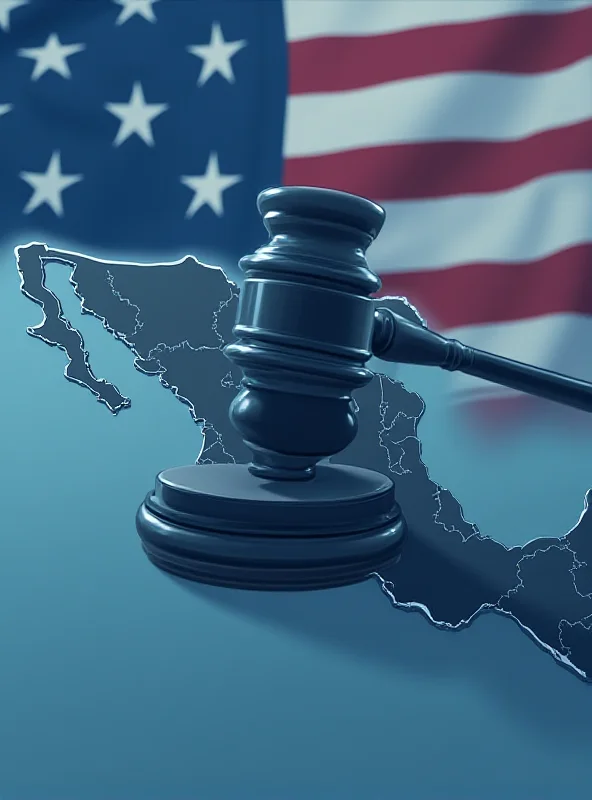 A digital illustration of a gavel striking down on a map of Mexico, with the US flag subtly visible in the background.