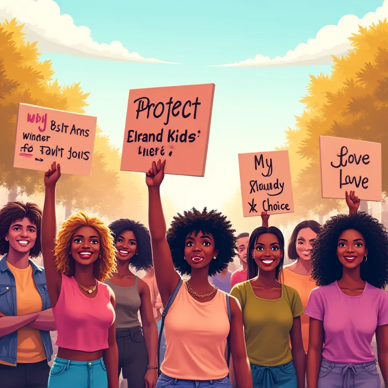 A protest scene depicting diverse individuals holding signs advocating for LGBTQ+, trans, and abortion rights.