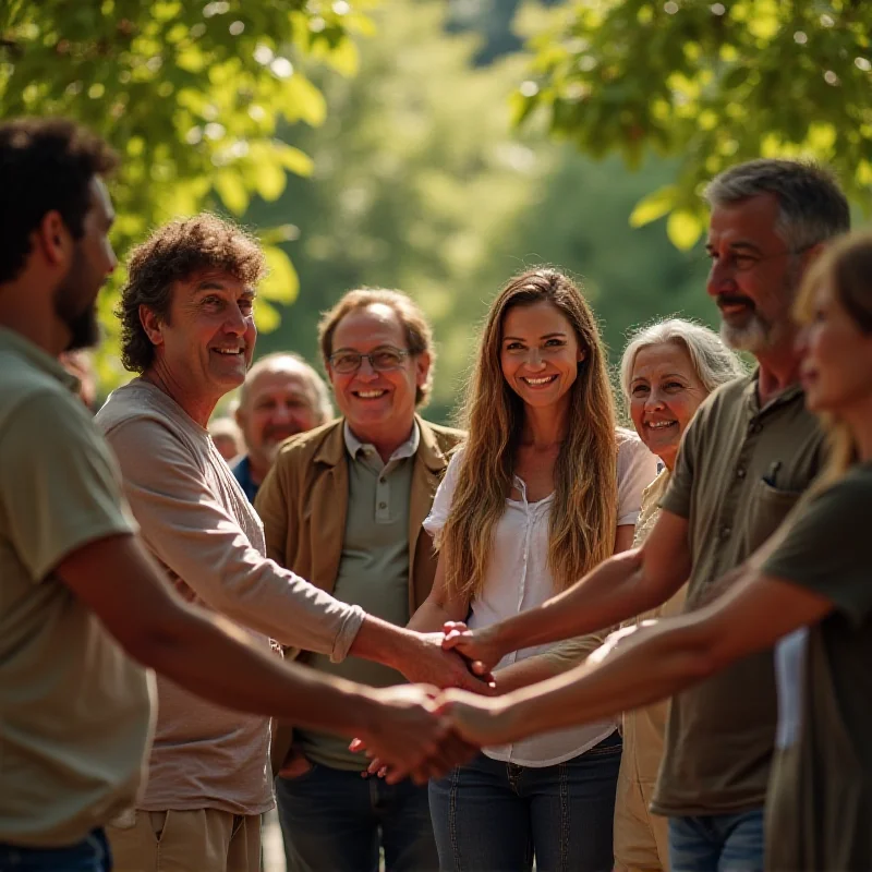 A diverse group of people standing together, holding hands, and smiling, representing unity and harmony.