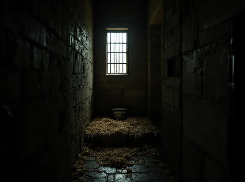 Old prison cell with bars and a straw mattress