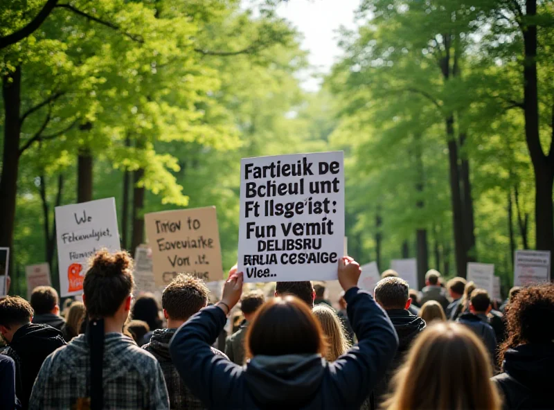 Protestors holding signs against the Křivoklátsko National Park with a forest in the background.